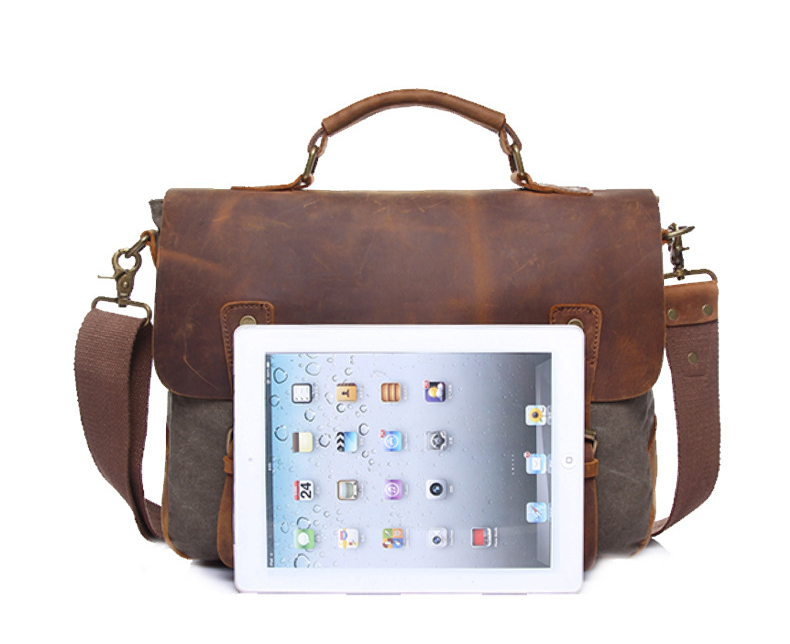 Vintage Leather Canvas Crossbody Business Briefcase-Leather Business Briefcase-Army Green-Free Shipping Leatheretro