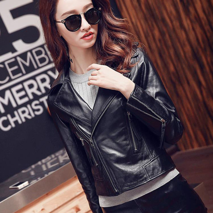 Cool Sheep Skin Motorcycle Short Jackets for Women-Coats & Jackets-Black-XS-Free Shipping Leatheretro