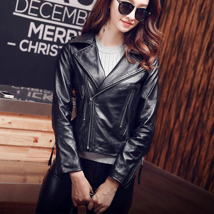 Cool Sheep Skin Motorcycle Short Jackets for Women-Coats & Jackets-Black-XS-Free Shipping Leatheretro