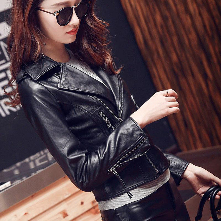 Cool Sheep Skin Motorcycle Short Jackets for Women-Coats & Jackets-Black-XS-Free Shipping Leatheretro