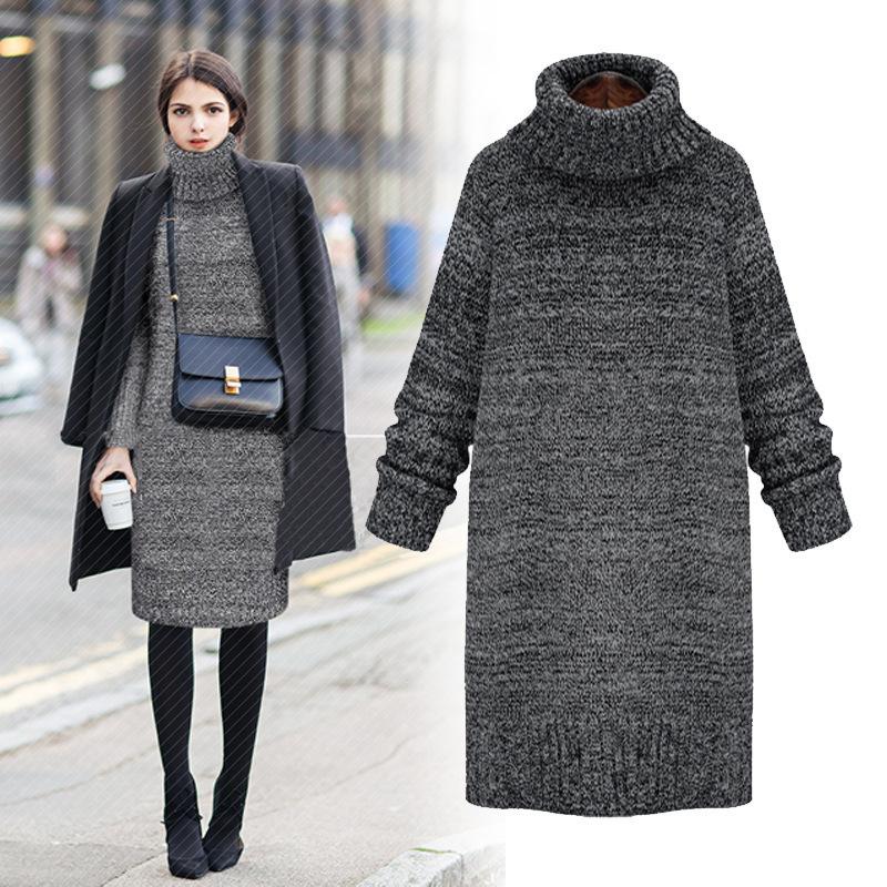 Women High Neck Knitted Long Sweaters-Sweaters-Gray-One Size-Free Shipping Leatheretro