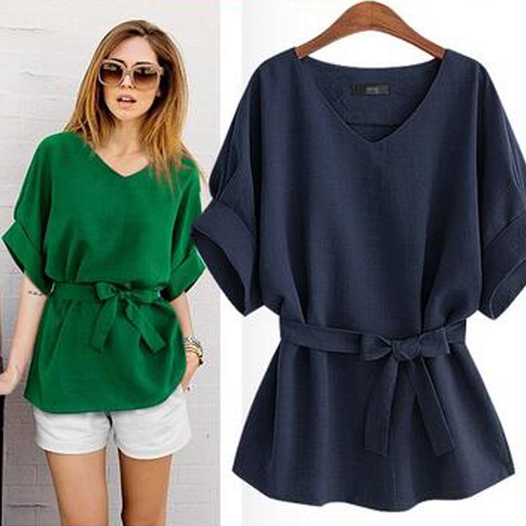 Plus Size Women V Neck Summer Linen Tops-Blouses-Dark Blue-XL-Free Shipping Leatheretro