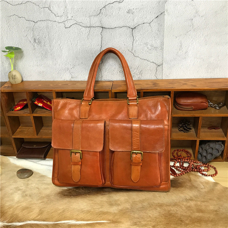 Handmade Veg Tanned Leather Business Laptop Bag for Men 2028-Leather Briefcase-Brown-Zipper-Free Shipping Leatheretro