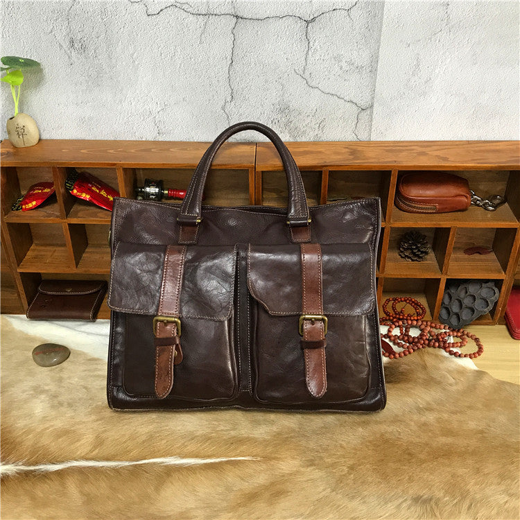 Handmade Veg Tanned Leather Business Laptop Bag for Men 2028-Leather Briefcase-Coffee-Flap-Free Shipping Leatheretro