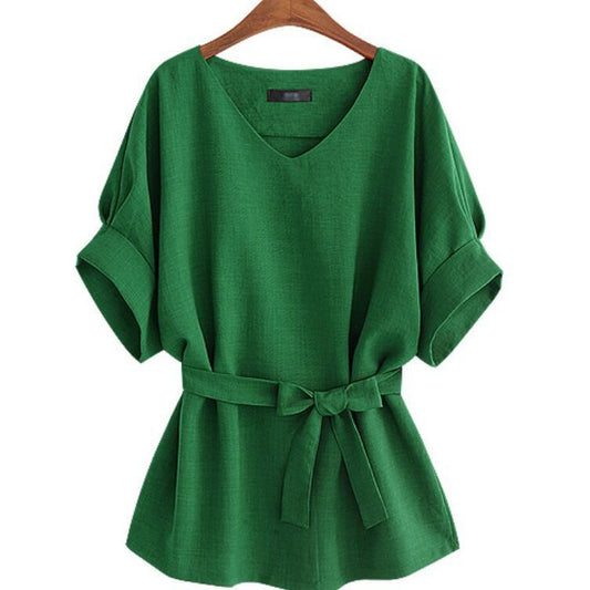 Plus Size Women V Neck Summer Linen Tops-Blouses-Green-XL-Free Shipping Leatheretro