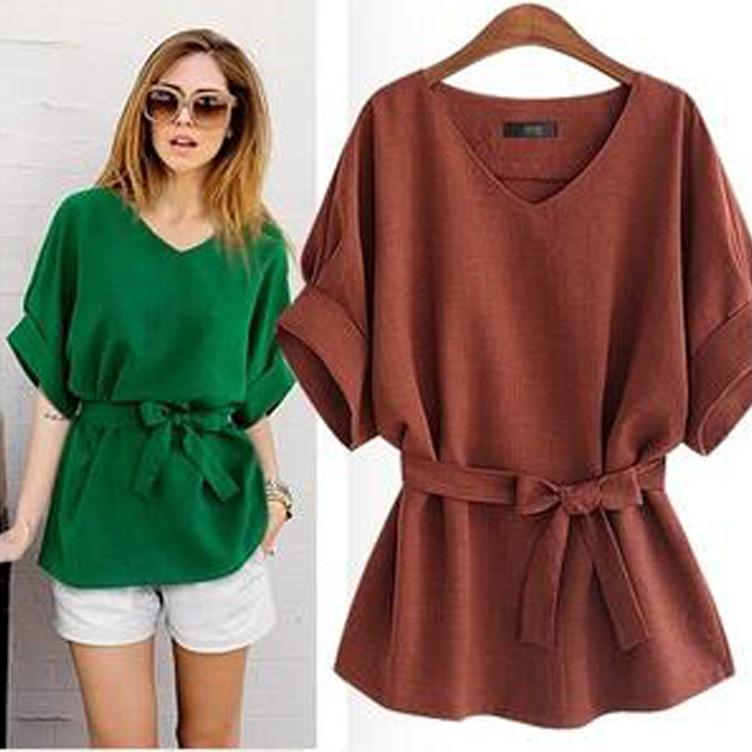 Plus Size Women V Neck Summer Linen Tops-Blouses-Wine Red-XL-Free Shipping Leatheretro