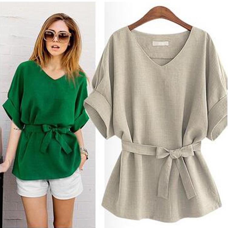 Plus Size Women V Neck Summer Linen Tops-Blouses-Light Gray-XL-Free Shipping Leatheretro