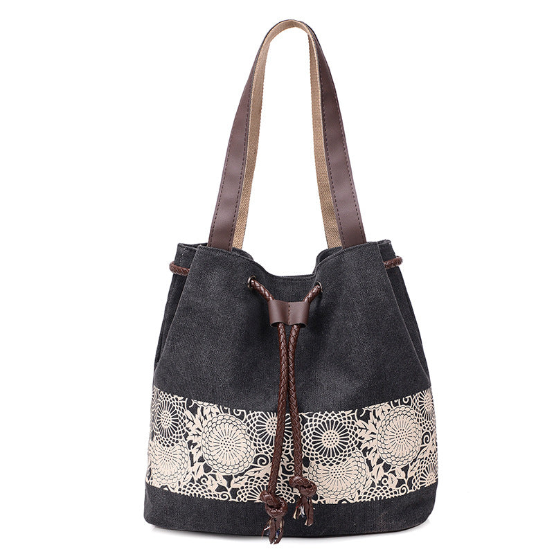 Boho Drawstring Canvas Handbags for Women 1116-Handbags-Black-Free Shipping Leatheretro