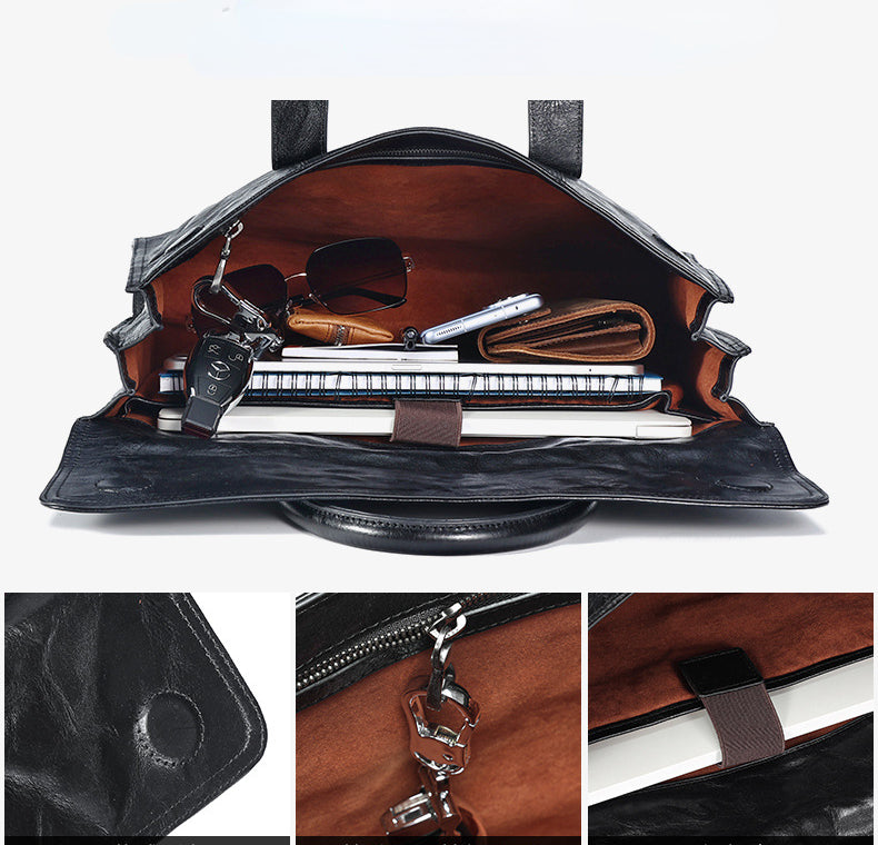 Vege Tanned Black Leather Handbag for Men 6690-Briefcases-Black-Free Shipping Leatheretro