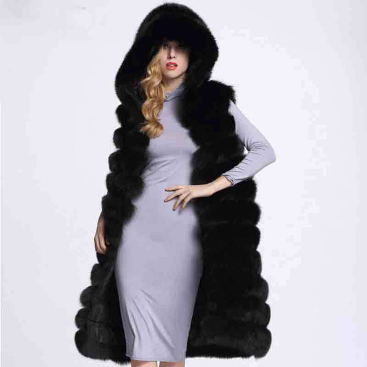 Artificial Fur Long Vest with Hat for Women-Vests-White-S-Free Shipping Leatheretro