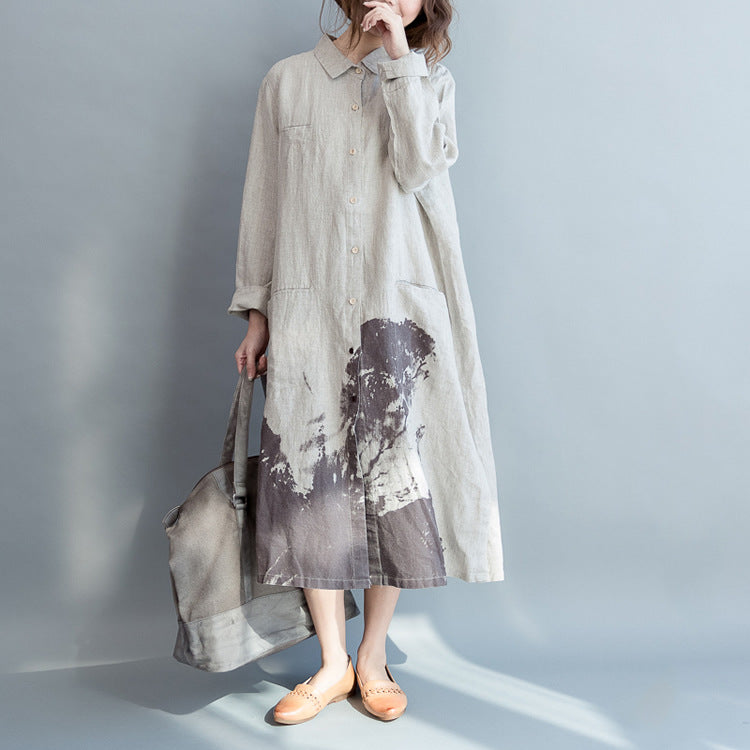 Vintage Long Sleeves Water and Mountain Painting Plus Sizes Long Shirts Dresses-Dresses-White-One Size-Free Shipping Leatheretro