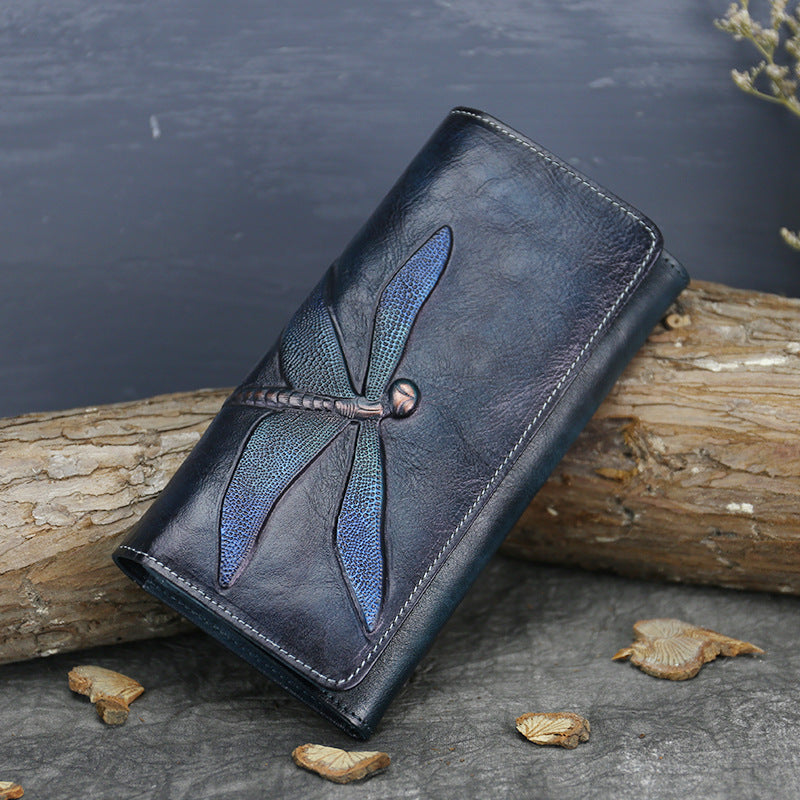 Handmade Dragonfly Engraved Leather Women Purses-Leather Wallet-Dark Blue-Free Shipping Leatheretro
