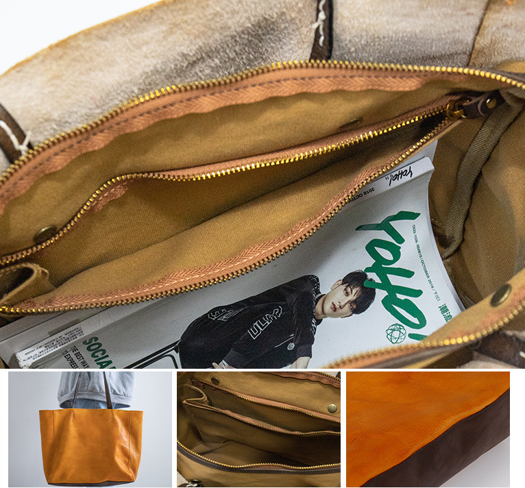 Handmade Cowhide Veg Tanned Leather Tote Handbags-Handbag & Wallet Accessories-Brown-Free Shipping Leatheretro