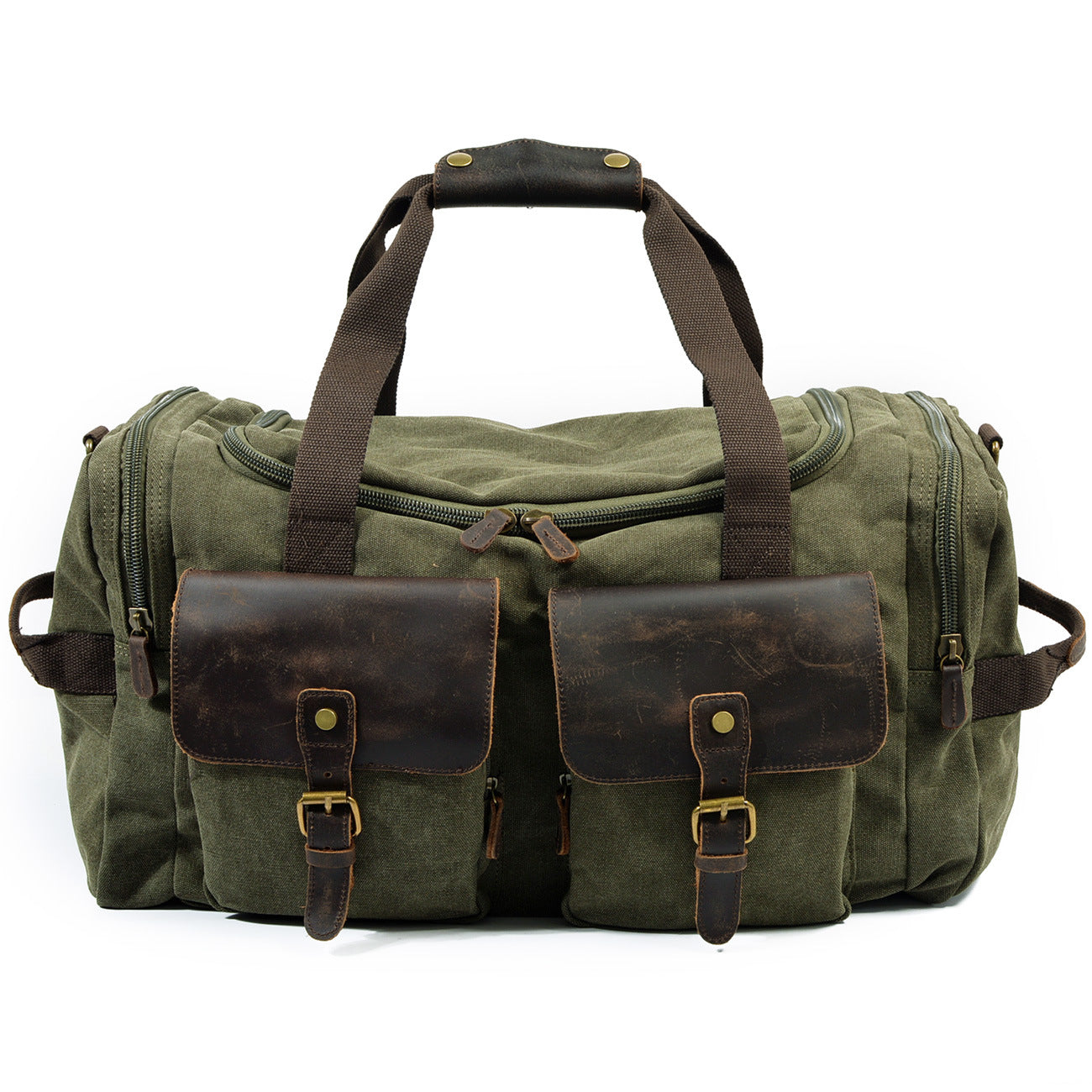 Casual Men's Large Storage Leather Canvas Traveling Duffle Bags 9133-Leather Canvas Duffle Bag-Army Green-Free Shipping Leatheretro