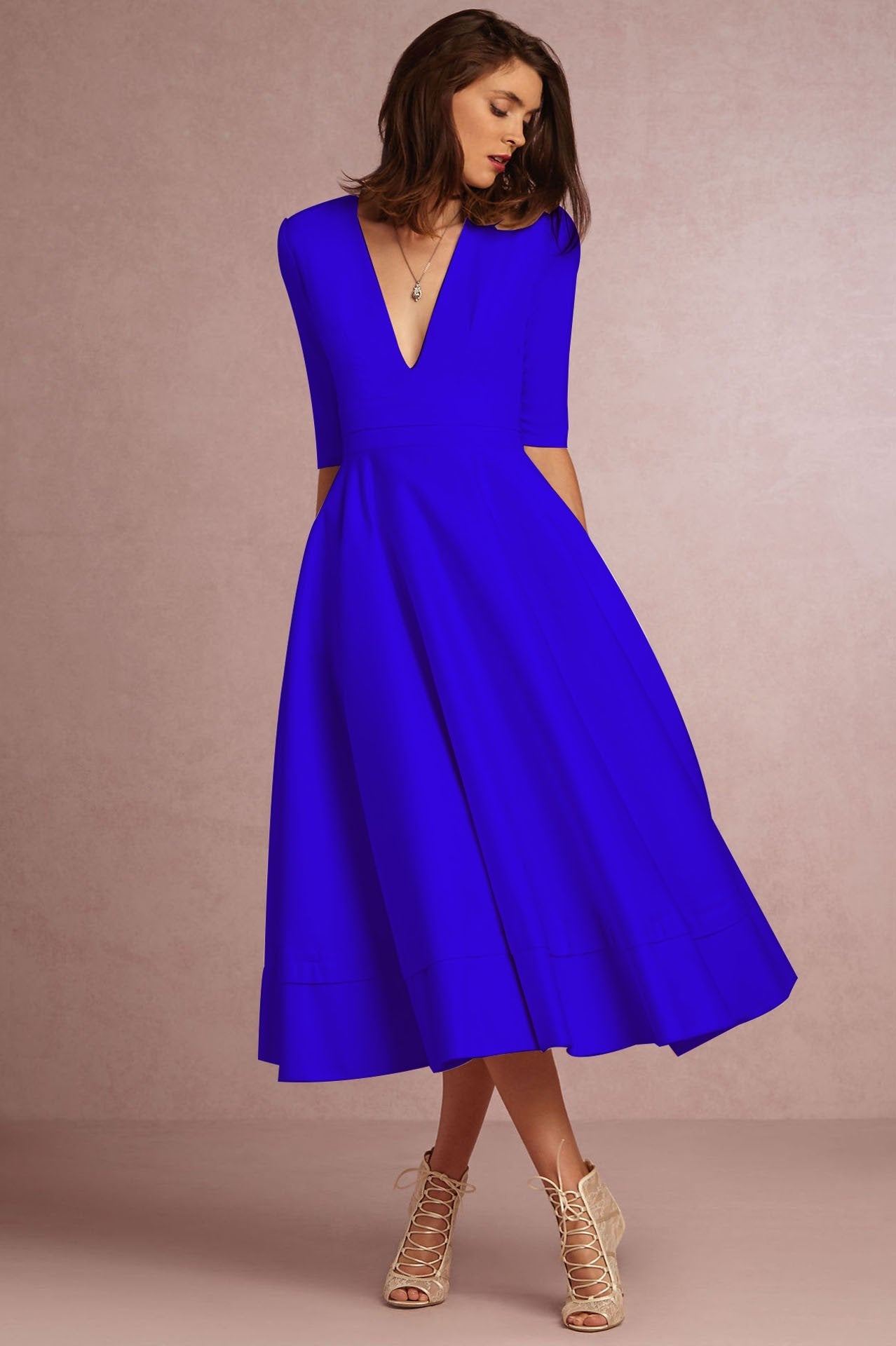 Sexy V Neck Half Sleeves Midi Dresses-Midi Dresses-Blue-S-Free Shipping Leatheretro