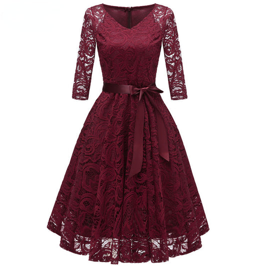 Elegant Long Sleeves Lace Dresses-Dresses-Pink-S-Free Shipping Leatheretro