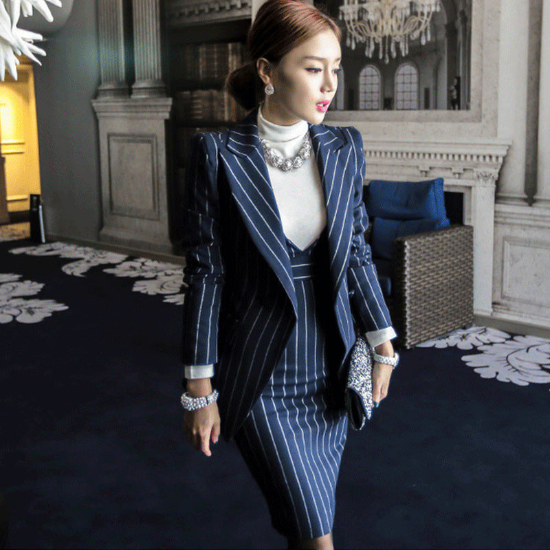 Elegant Striped Office Lady Blazer and Dress Sets-Suits-Dark Blue-S-Free Shipping Leatheretro