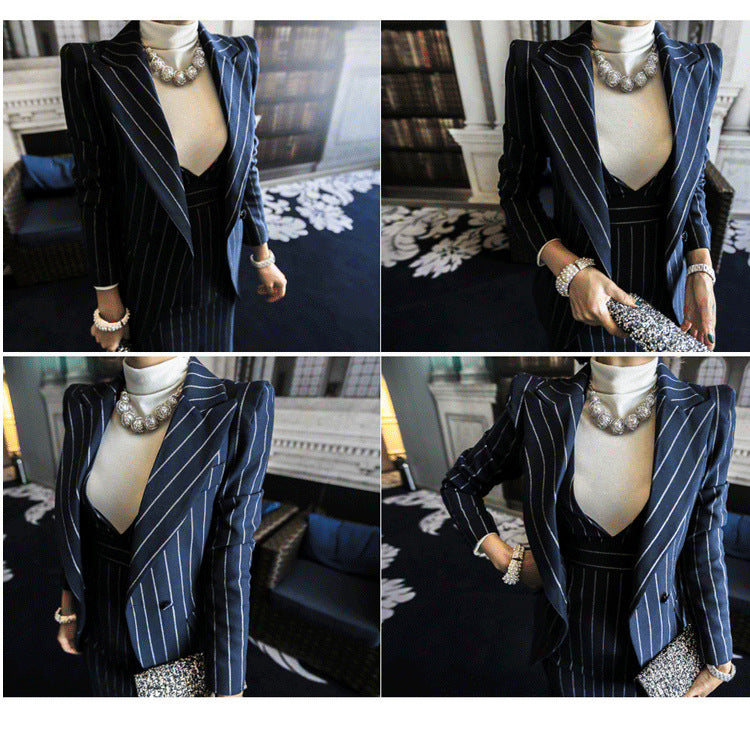 Elegant Striped Office Lady Blazer and Dress Sets-Suits-Black-S-Free Shipping Leatheretro