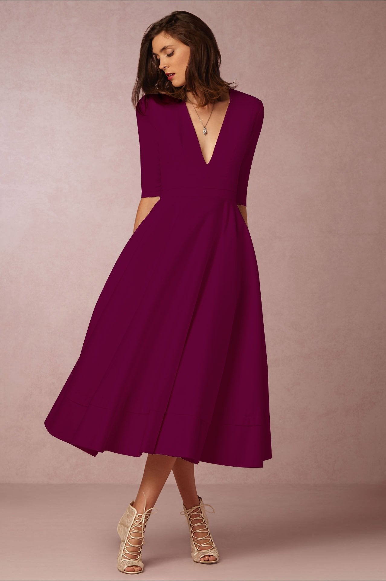 Sexy V Neck Half Sleeves Midi Dresses-Midi Dresses-Wine Red-S-Free Shipping Leatheretro