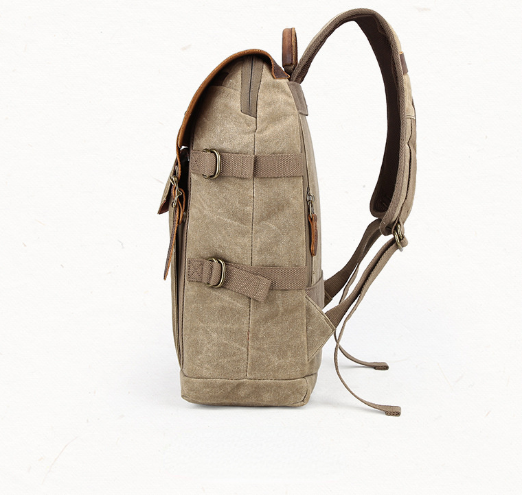 Vintage Waxed Canvas Leather SLR Camera Backpack 3033-Canvas camera backpack-Khaki-Free Shipping Leatheretro