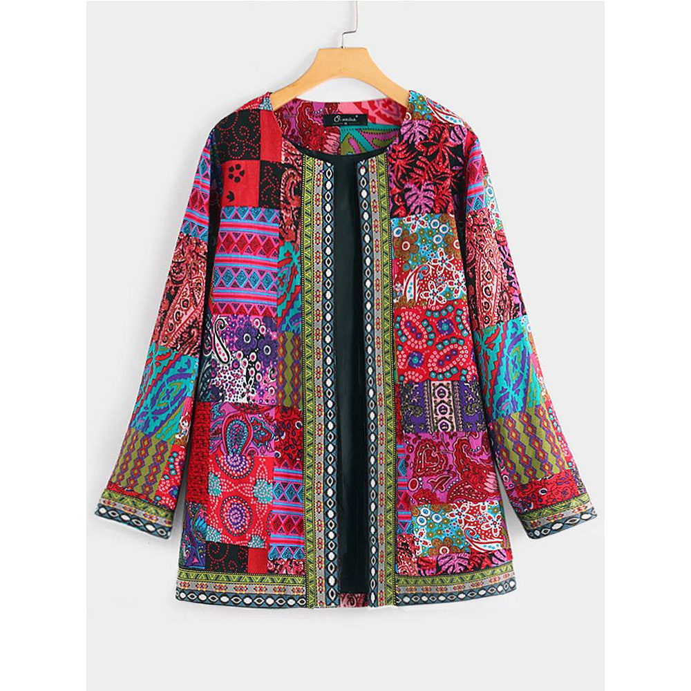 Vintage Cotton Linen Print Plus Size Women Cardigan Coat-women coats-Red-L-Free Shipping Leatheretro