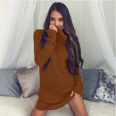 Casual High Neck Winter Long Sleeves Short Knitting Dresses-Dresses-Brown-S-Free Shipping Leatheretro