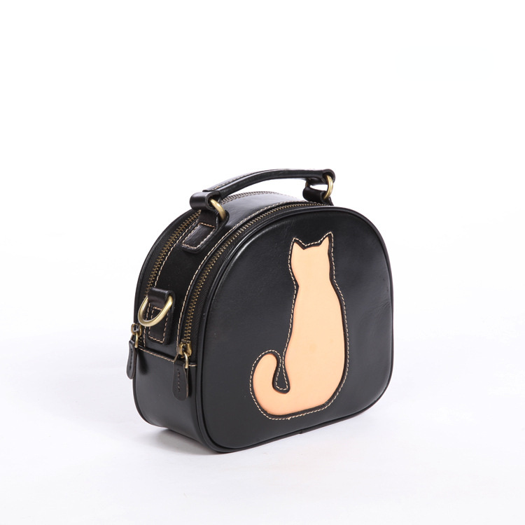 Cute Cat Design Handmade Vege Tanned Leather Bag for Women-Handbags-Black-Free Shipping Leatheretro