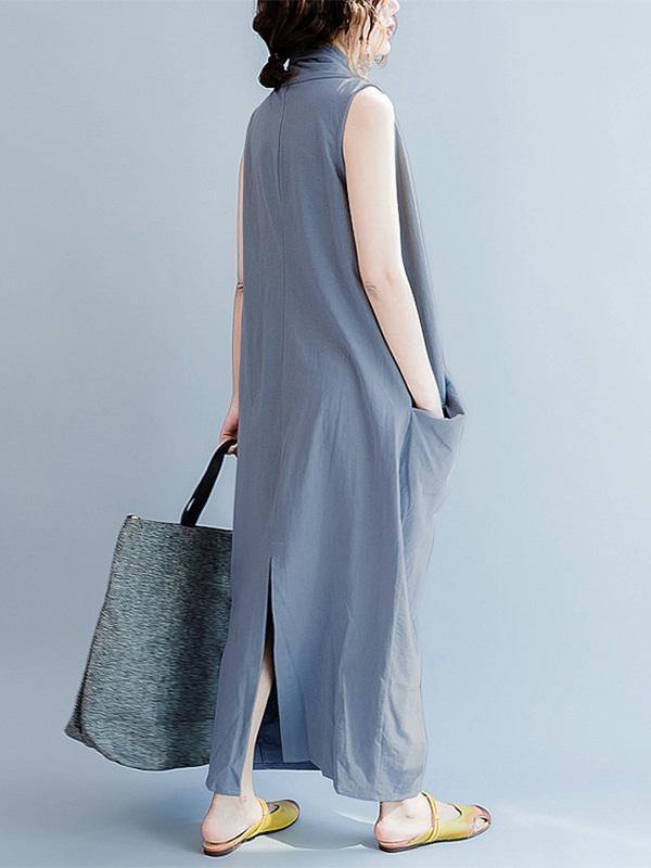 Loose Gray-blue Cropped Pockets Long Dress-Maxi Dress-GRAY BLUE-FREE SIZE-Free Shipping Leatheretro