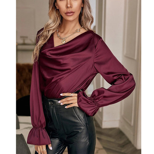 Elegant Satin Pullover Long Sleeves Women Shirts-Shirts & Tops-Wine Red-S-Free Shipping Leatheretro