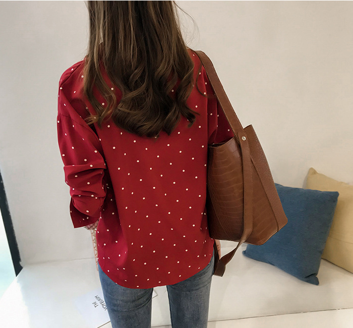 Women Dot Print Chiffon Long Sleeves Shirts-Shirts & Tops-Red-L-Free Shipping Leatheretro