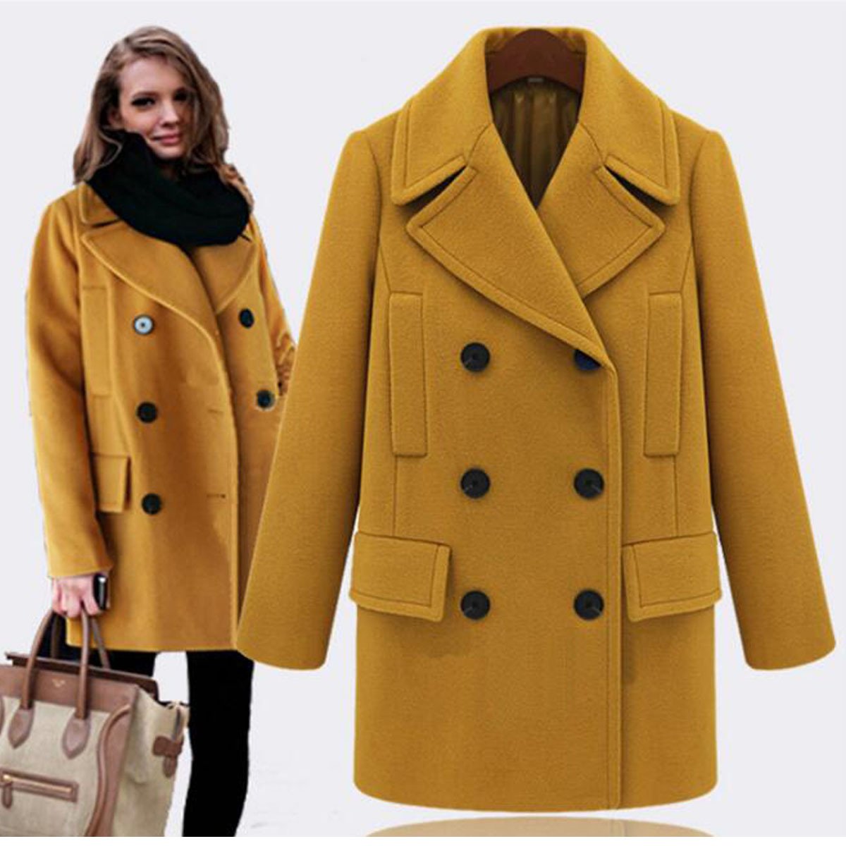 Women Plus Sizes Casual Overcoat Outerwear-Outerwear-Yellow-L-Free Shipping Leatheretro