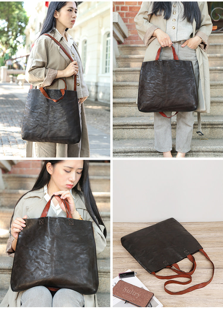 Vintage Tanned Leather Tote Handbags for Women 8903-Handbags-Black-Free Shipping Leatheretro
