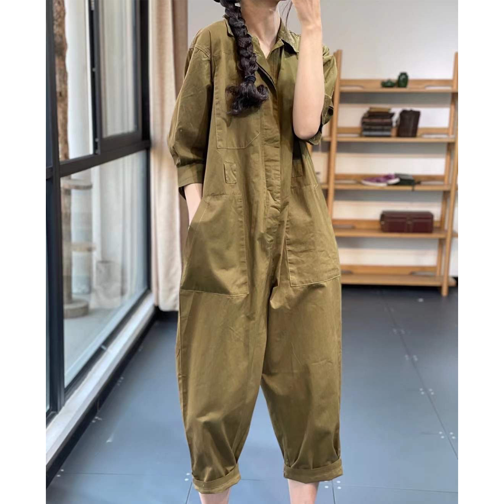 Women Turnover Collar Half Sleeves Jumpsuits-One Piece Suits-Coffee-One Size-Free Shipping Leatheretro