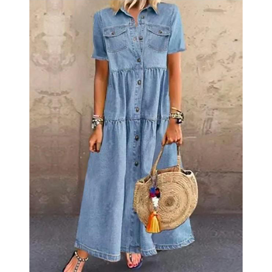 Fashion Demin Style Button Fall Long Dresses-Maxi Dresses-Light Blue-S-Free Shipping Leatheretro