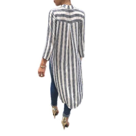 Summer Casual Striped Long Slessves Shirts-Maxi Dresses-Gray-S-Free Shipping Leatheretro