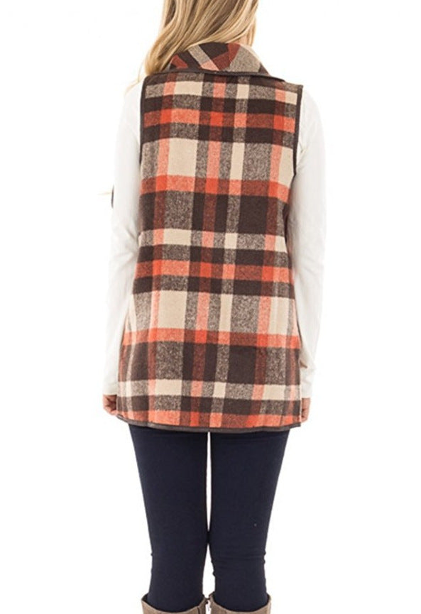 Women Plaid Pocket Cardigan Vest Coat-Shirts & Tops-Coffee-S-Free Shipping Leatheretro