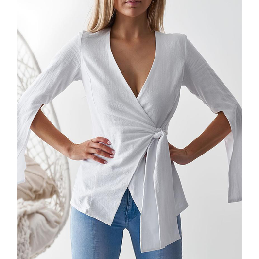 Women V Neck Long Sleeves Designed Shirts-Blazers-White-S-Free Shipping Leatheretro