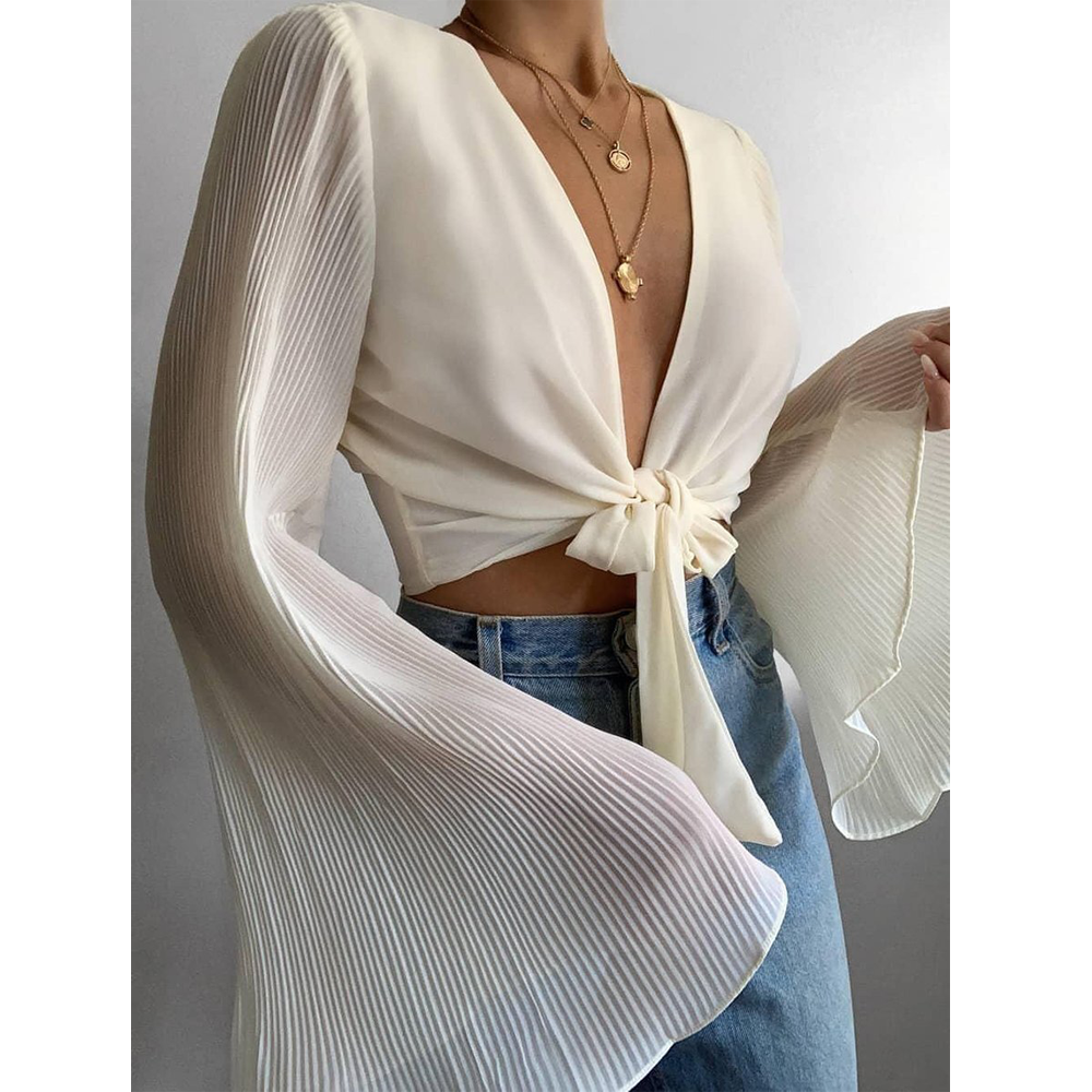 Long Sleeves Bare Midriff Summer Blouses-Shirts&Blouses-White-S-Free Shipping Leatheretro