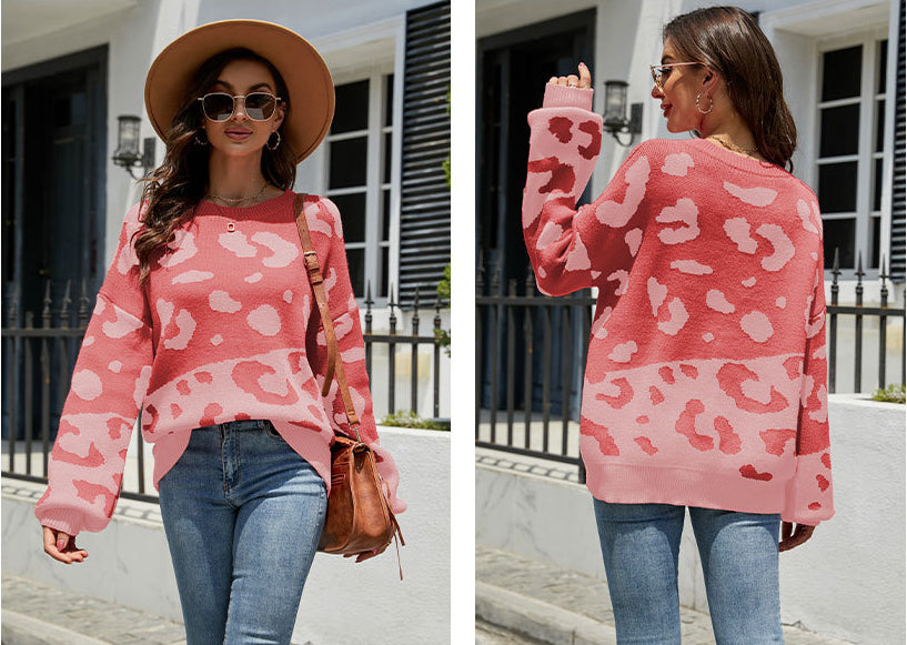 Fashion Round Neck Leopard Knitted Pullover Sweaters-Shirts & Tops-Pink-S-Free Shipping Leatheretro