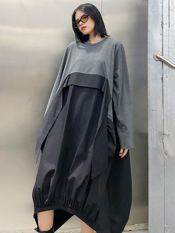 Loose Split-Joint Round-Neck Long Dress-Cozy Dresses-BLACK-FREE SIZE-Free Shipping Leatheretro