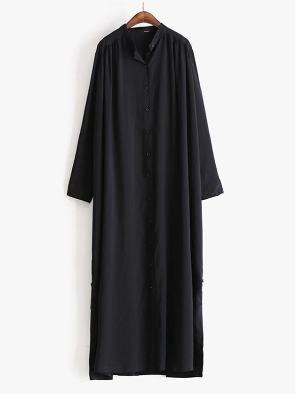 Solid Lapel Long Shirt Dress-Maxi Dress-BLACK-FREE SIZE-Free Shipping Leatheretro