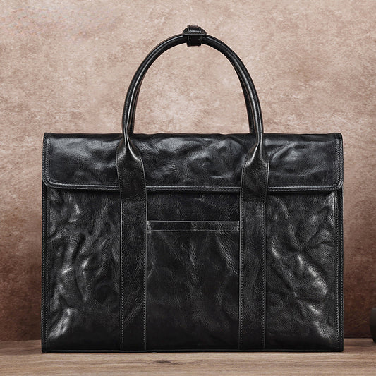 Vege Tanned Black Leather Handbag for Men 6690-Briefcases-Black-Free Shipping Leatheretro