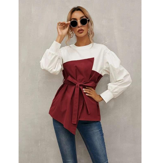 Long Puff Sleeves Belt Loose Shirts-Shirts&Blouses-Red-S-Free Shipping Leatheretro