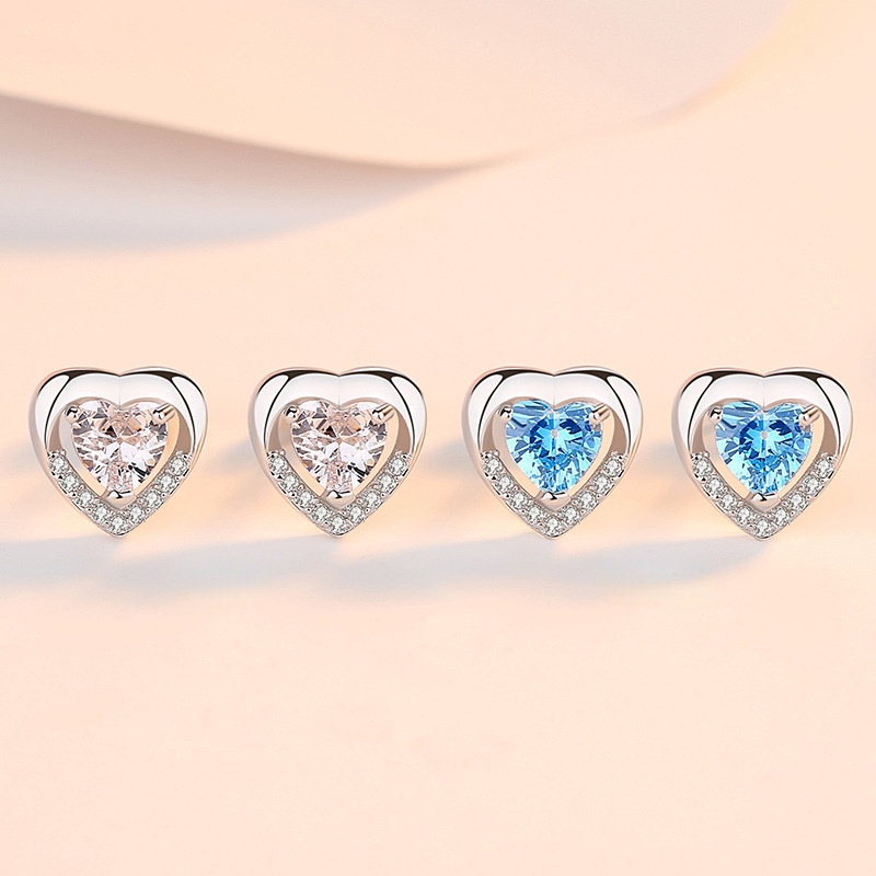 Lovely Heart Shape Zircon Silver Earring Studs-Earrings-Blue-Free Shipping Leatheretro