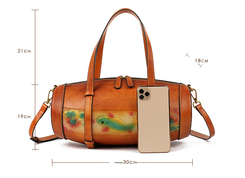 Women Vintage Fish Embossing Leather Bucket Bags 3227-Leather Women Bags-Red-Free Shipping Leatheretro