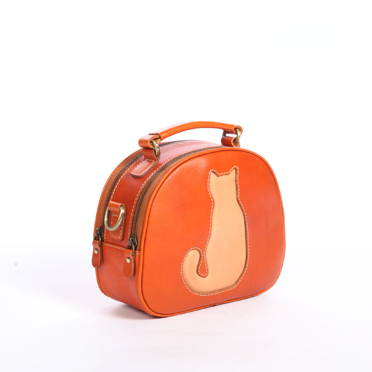 Cute Cat Design Handmade Vege Tanned Leather Bag for Women-Handbags-Wine Red-Free Shipping Leatheretro