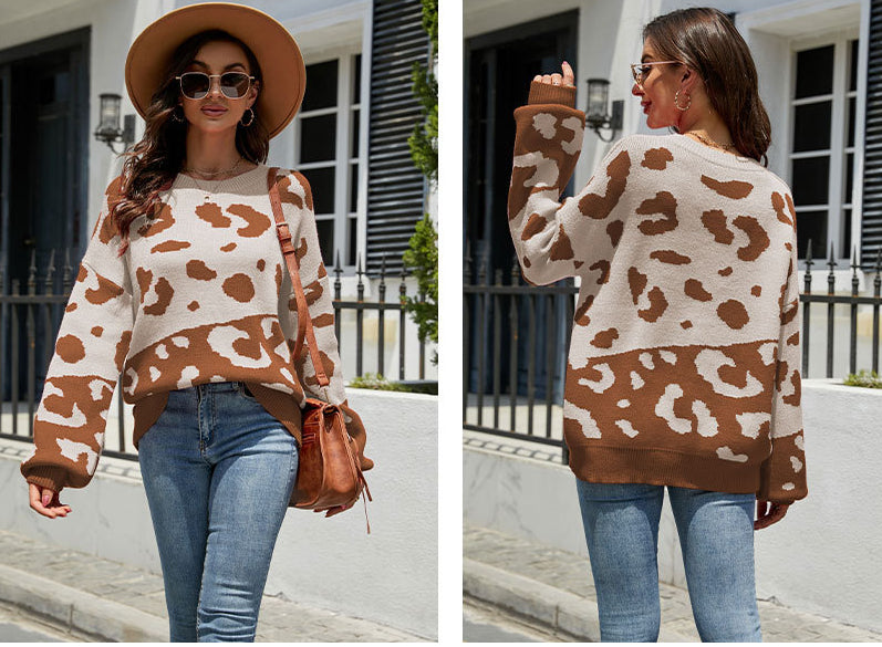 Fashion Round Neck Leopard Knitted Pullover Sweaters-Shirts & Tops-Pink-S-Free Shipping Leatheretro