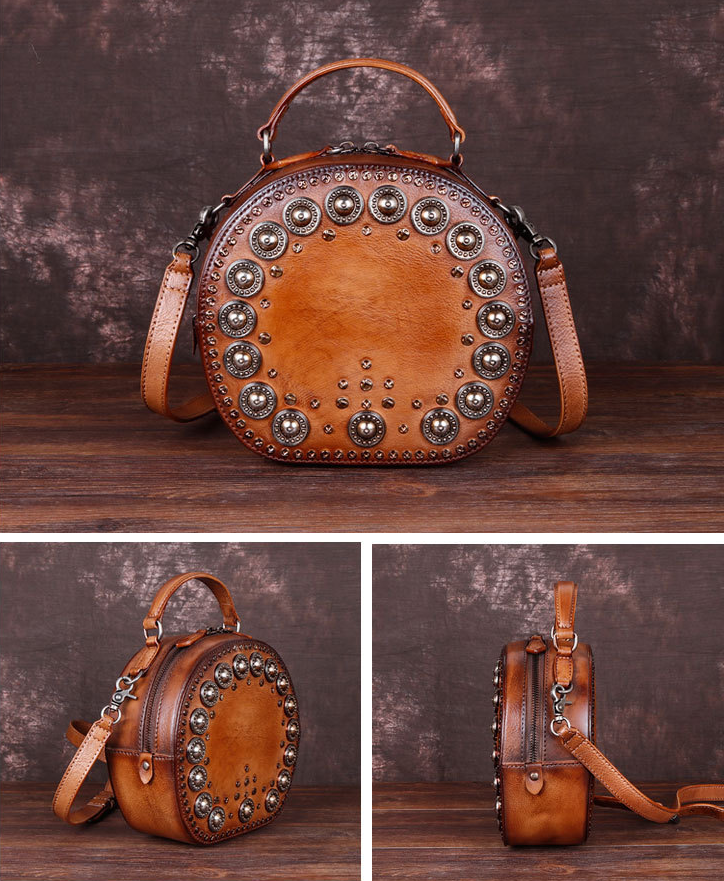 Vintage Handmade Rivet Cute Round Shape Leather Bags 8093-Leather Bags for Women-Red-Free Shipping Leatheretro