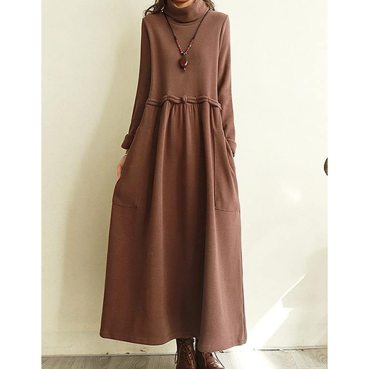 Vintage Split-Joint Loose High-Neck Midi Dress-Cozy Dresses-RED-M-Free Shipping Leatheretro