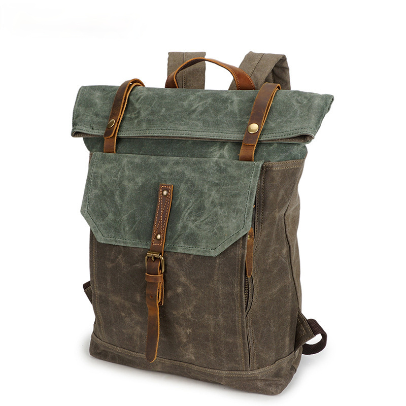 Men Vintage Leather Canvas Traveling Backpack C5191-Leather Canvas Backpack-Army Green-Free Shipping Leatheretro